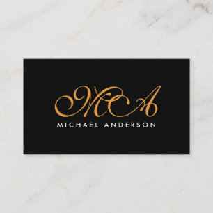 Orange Monogram Elegant Script Black Background Visitenkarte