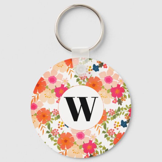 Orange Monogram Floral Aquarell Schlüsselanhänger (Vorderseite)