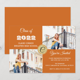 Orange Monogram Foto Abschluss Einladung