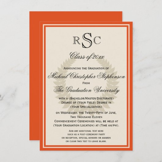 Orange Monogram Laurel Classic Uni-Abschluss Einladung (Vorne/Hinten)