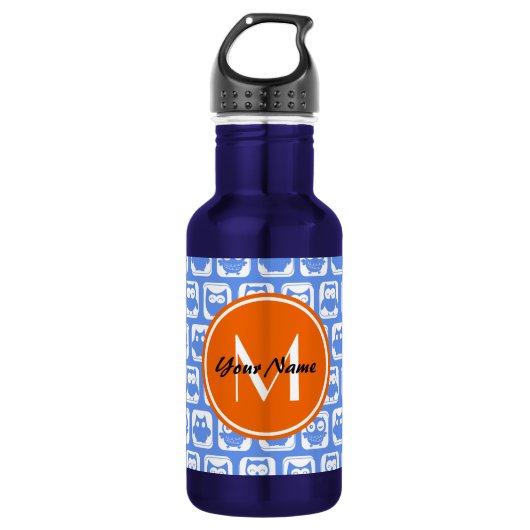 Orange Monogram Personalisiert Name Blue Owls Trinkflasche (Vorderseite)