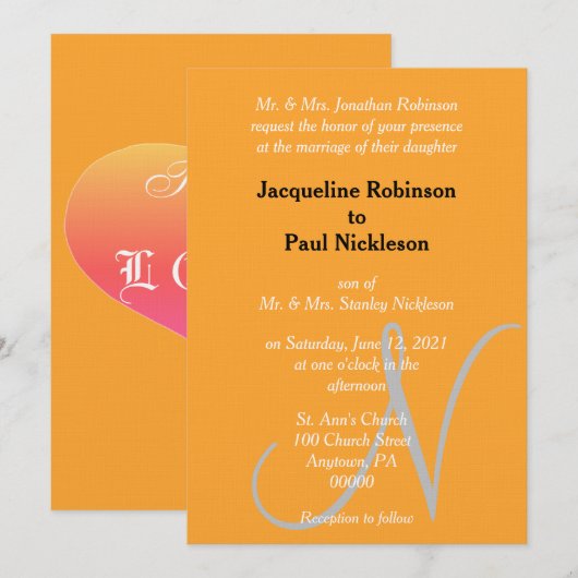 Orange Monogram Sunset Heart Einladung (Vorne/Hinten)