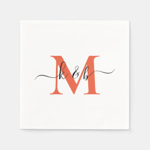 Orange Monogram Swash Script White Cocktail Serviette