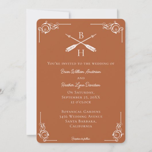 Orange Monogram und Arrows Wedding Einladung (Vorderseite)