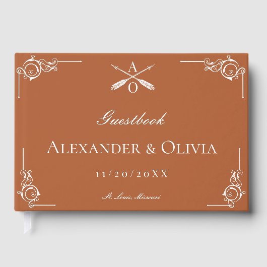 Orange Monogram und Arrows Wedding Gästebuch (Vorderseite)