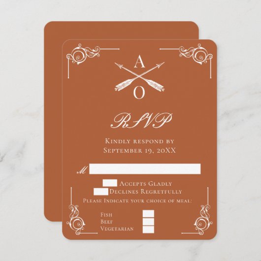 Orange Monogram und Arrows Wedding RSVP Card (Vorne/Hinten)