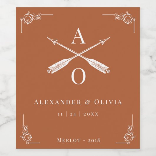 Orange Monogram und Arrows Wedding Weinetikett (Einzelnes Label)