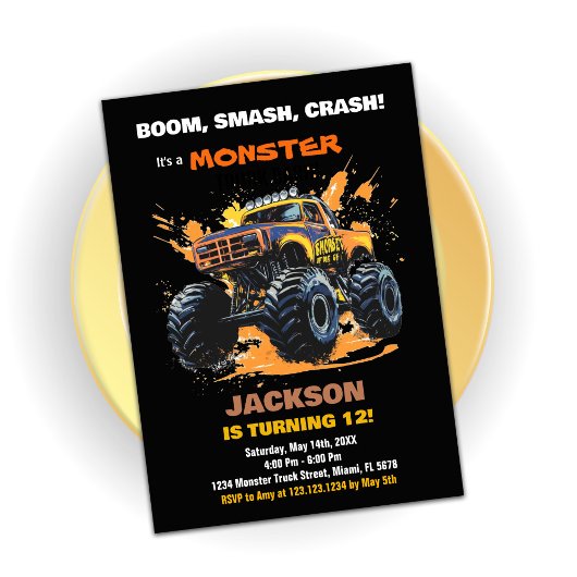 Orange Monster Truck Birthday Einladungen Schwarz