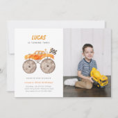 Orange Monster Truck Birthday Foto Einladung (Vorderseite)