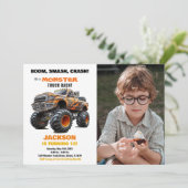 Orange Monster Truck Birthday Invitations Foto Einladung (Stehend Vorderseite)