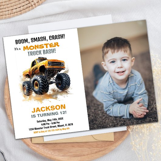Orange Monster Truck Birthday Invitations Foto Einladung