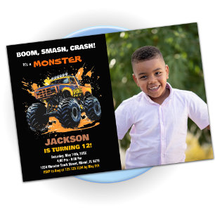 Orange Monster Truck Birthday Invitations Foto Einladung