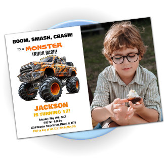 Orange Monster Truck Birthday Invitations Foto Einladung
