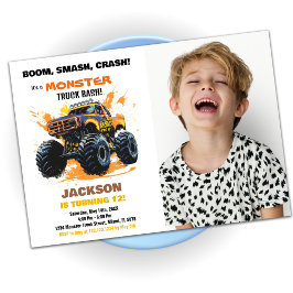 Orange Monster Truck Birthday Invitations Foto Einladung
