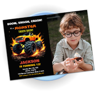 Orange Monster Truck Birthday Invitations Foto Einladung
