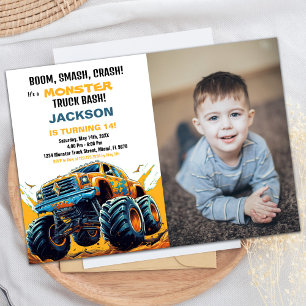 Orange Monster Truck Birthday Invitations Foto Einladung