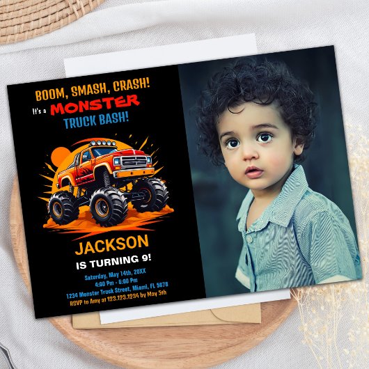 Orange Monster Truck Birthday Invitations Foto Einladung