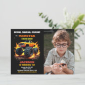 Orange Monster Truck Birthday Invitations Foto Einladung (Stehend Vorderseite)