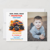 Orange Monster Truck Birthday Invitations Foto Einladung (Vorderseite)