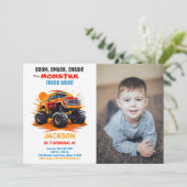 Orange Monster Truck Birthday Invitations Foto Einladung (Stehend Vorderseite)