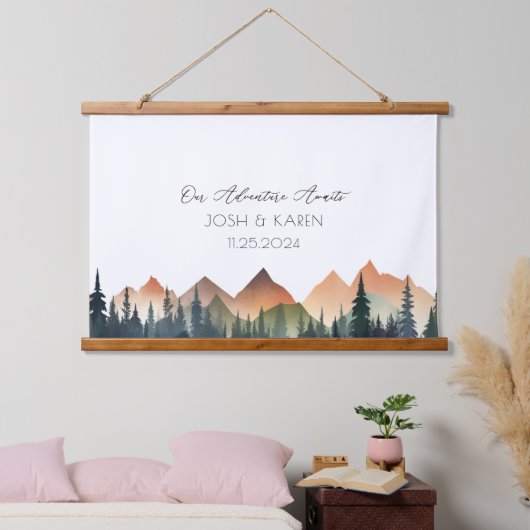 Orange Mountain Alternative Wedding Guest Book Wandteppich Mit Holzrahmen (Schlafzimmer)