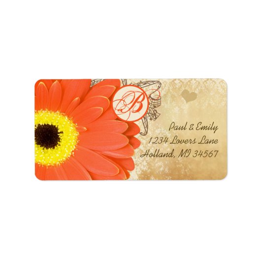 Orange Musical Gerber Daisy Monogram Adressaufkleber (Vorne)
