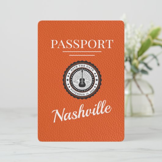 Orange Nashville Passport Save the Date (Stehend Vorderseite)