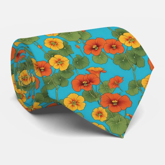 Orange Nasturtium Vines on Bright Blue Background Krawatte (Gerollt)
