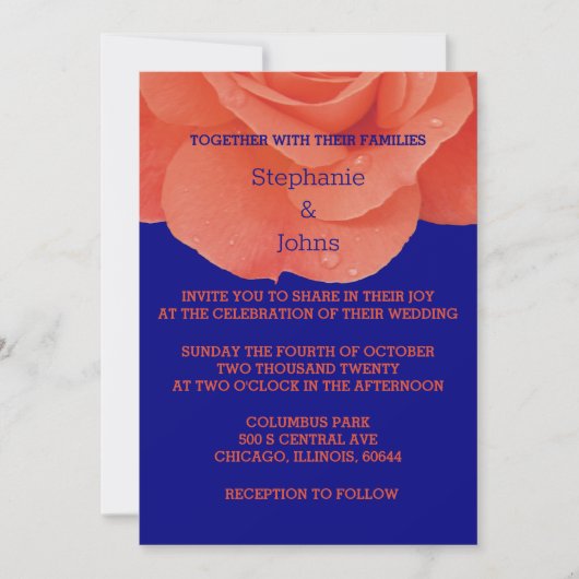 Orange Navy Blue Floral Rose Elegante Hochzeit im Einladung (Vorderseite)