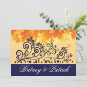 Orange & Navy Blue Herbstlaubs Hochzeiten Einladun Einladung (Stehend Vorderseite)