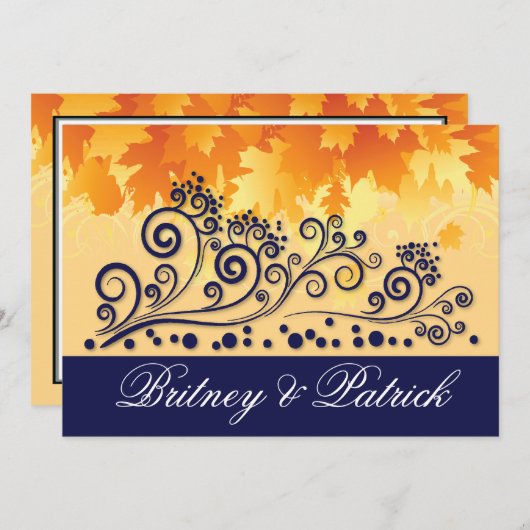 Orange & Navy Blue Herbstlaubs Hochzeiten Einladun Einladung (Vorne/Hinten)
