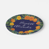 Orange Navy Blue Peony & Rose Floral Wedding Pappteller (Schrägansicht)