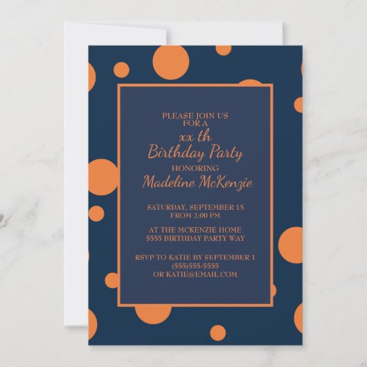 Orange Navy Blue Polka Dot Birthday Party Einladun Einladung (Vorderseite)