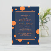Orange Navy Blue Polka Dot Birthday Party Einladun Einladung (Stehend Vorderseite)