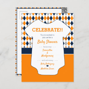 Orange & Navy Blue Raute Pattern Baby Dusche Postkarte