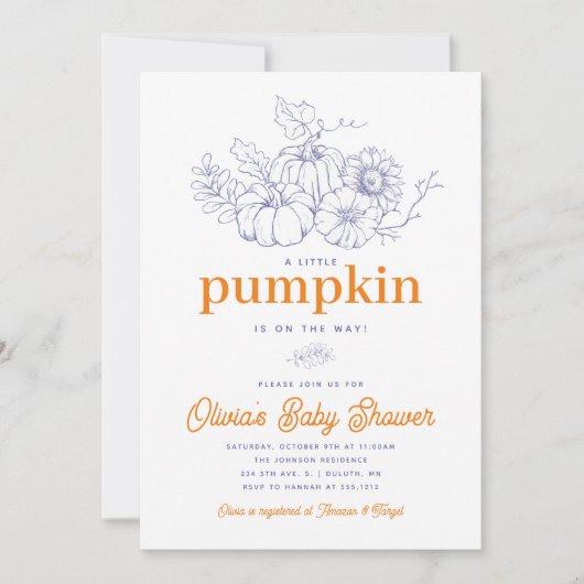 Orange Navy Burlap Little Pumpkin Baby Shower Einladung (Vorderseite)