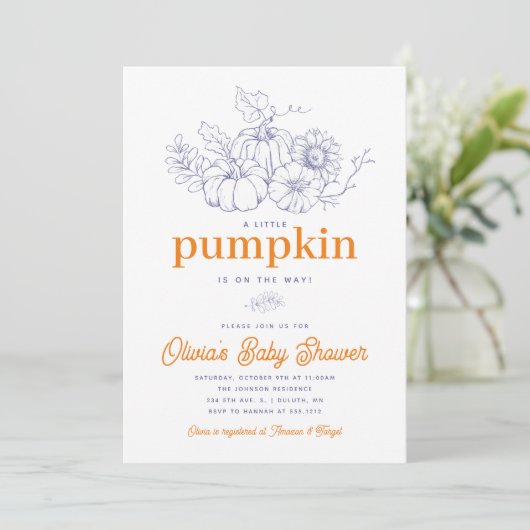 Orange Navy Burlap Little Pumpkin Baby Shower Einladung (Stehend Vorderseite)