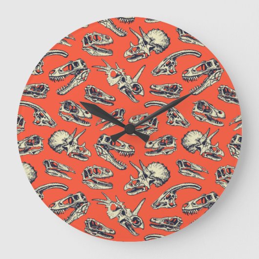 Orange & Navy Dinosaur Skulls Große Wanduhr (Vorderseite)