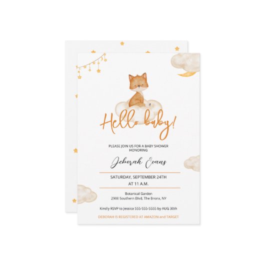 Orange Niedlich Fox Baby Dusche Einladung (Vorderseite/Rückseite Beispiel)