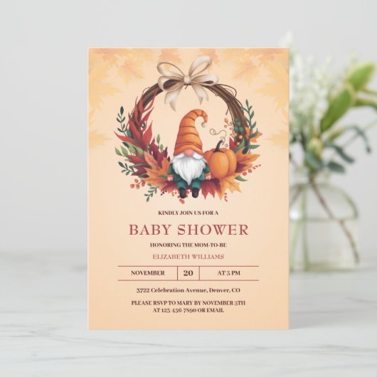 Orange Niedlich Gnome Fall Pumpkin Wreath Baby Dus Einladung (Stehend Vorderseite)