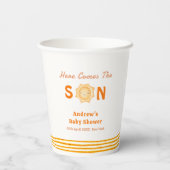 Orange Niedlich kommt hier die Son Baby Dusche Pappbecher (Rückseite)