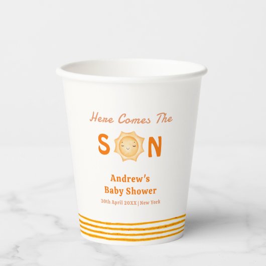 Orange Niedlich kommt hier die Son Baby Dusche Pappbecher (Vorderseite)