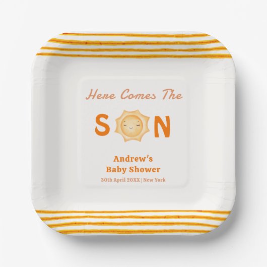 Orange Niedlich kommt hier die Son Baby Dusche Pappteller (Vorderseite)