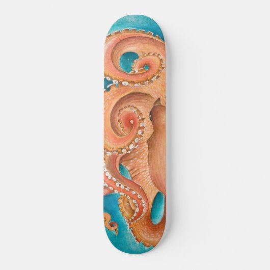 Orange Octopus Aquamarin Wasserfarbe Skateboard (Vorderseite)
