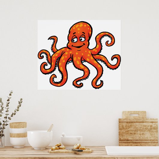 Orange Octopus Cartoon Ocean Sea Creature Poster (Küche)