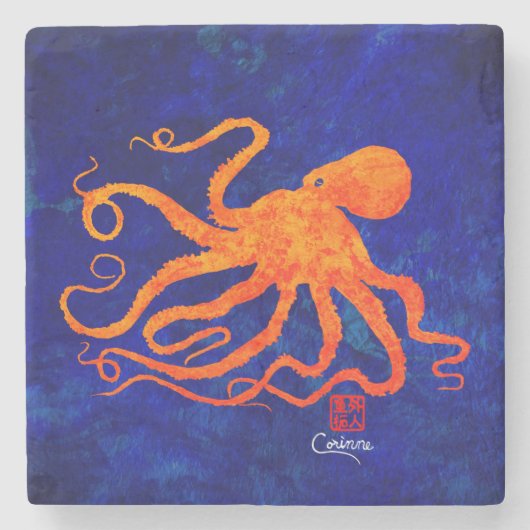 Orange Octopus - Marmor-Untersetzer Steinuntersetzer (Vorderseite)