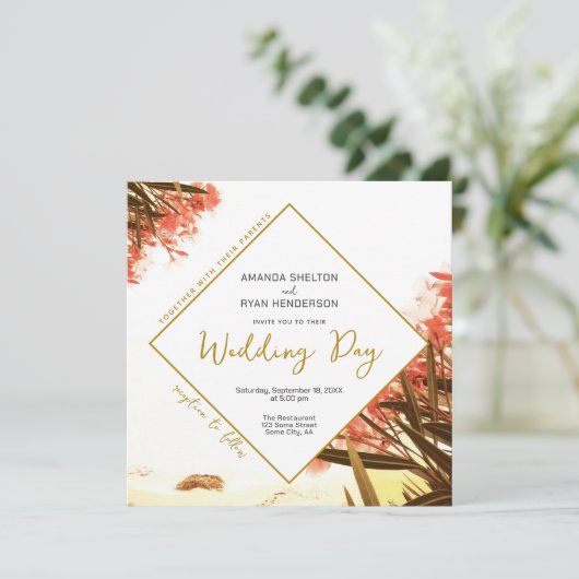 Orange Oleander auf der Hochzeit der Beach Floral Einladung (Stehend Vorderseite)