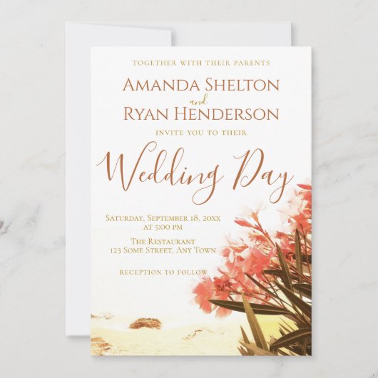 Orange Oleander Blume am Strand Hochzeit Einladung (Vorderseite)