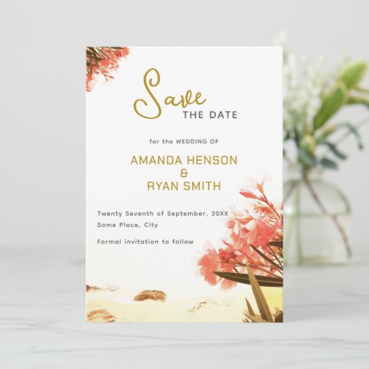 Orange Oleander Blume Beach Wedding Save The Date (Stehend Vorderseite)