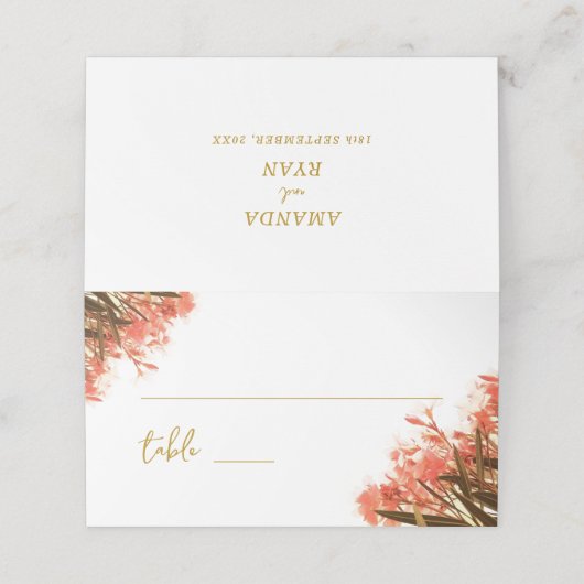 Orange Oleander Blume Wedding Platzkarte (Außenseite Aufgefaltet)